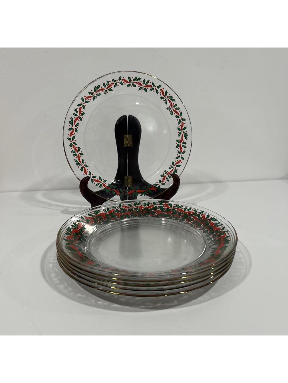 Arcoroc Glass Set of 6 8” Salad Clear Plates Holly Christmas Gold Trim Red Green